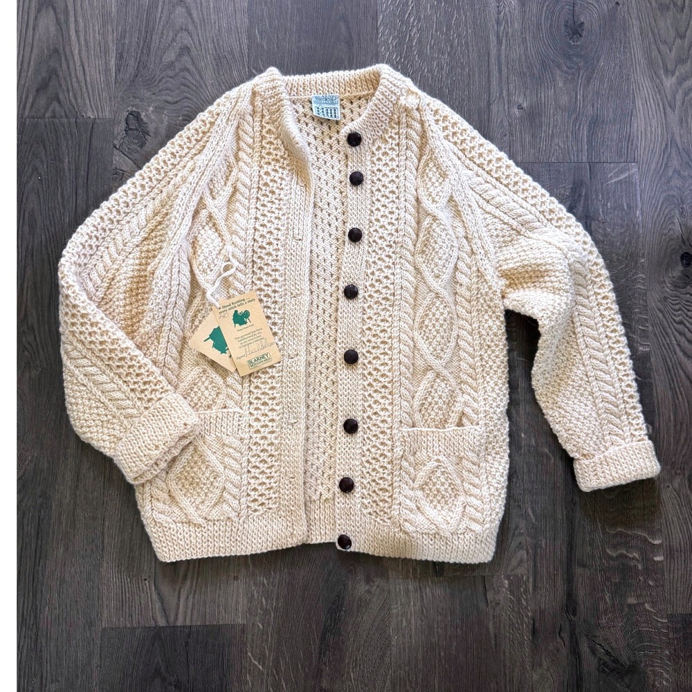 Blarney Woollen Mills Traditional Irish Aran Cardigan 40 M/L Cream Wool NEW Tags